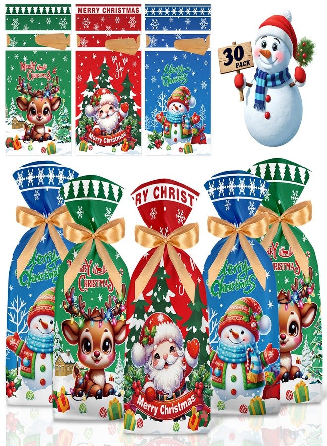 PERFQU 30 Pcs Merry Xmas Gift Bags - Christmas Drawstring Goodie Bags, Blue Red Green Plastic Christmas Treat Candy Goodie Cookie Favor Bag Bulk for Winter Xmas Holiday Christma Party Favors Supplies - Image 1